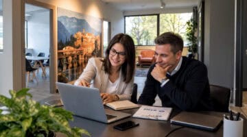 Partnership commerciale tra professionisti nella sede Itacall Group, immagine generata con AI