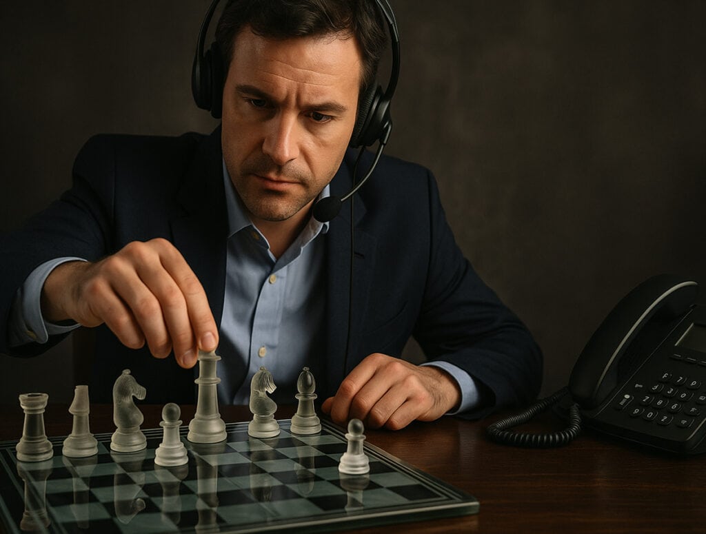 peratore di telemarketing riflessivo che muove un pezzo degli scacchi su una scacchiera in vetro, simbolo delle strategie psicologiche usate nella lead generation B2B