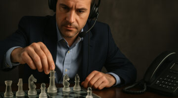 peratore di telemarketing riflessivo che muove un pezzo degli scacchi su una scacchiera in vetro, simbolo delle strategie psicologiche usate nella lead generation B2B