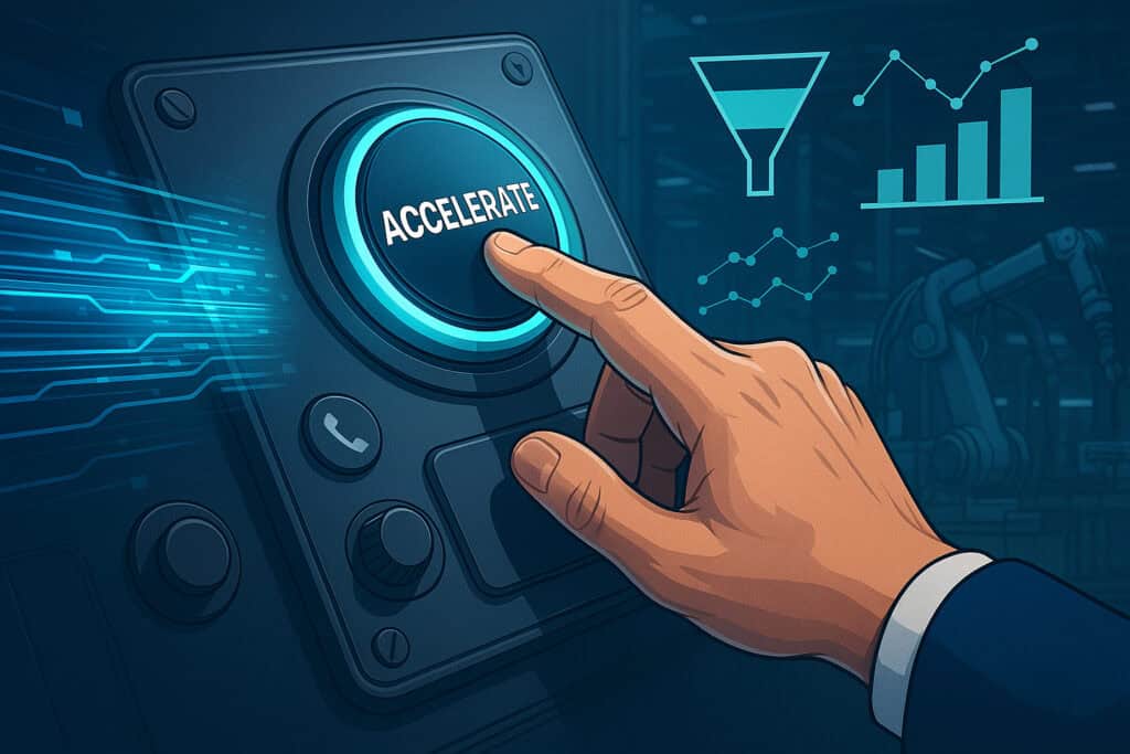 Telemarketing per aziende di automazione industriale, mano preme pulsante acceleratore su console futuristica