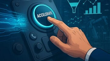Telemarketing per aziende di automazione industriale, mano preme pulsante acceleratore su console futuristica