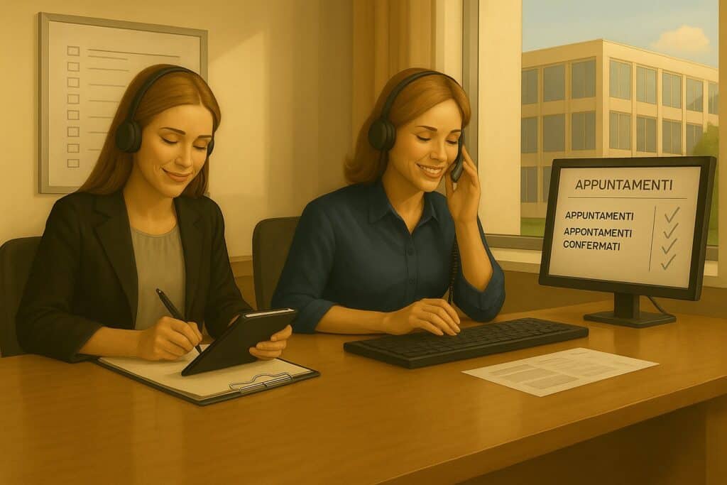 Team di operatori telemarketing B2B che pianifica appuntamenti e conferme per un evento aziendale multi-sede