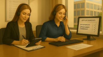 Team di operatori telemarketing B2B che pianifica appuntamenti e conferme per un evento aziendale multi-sede